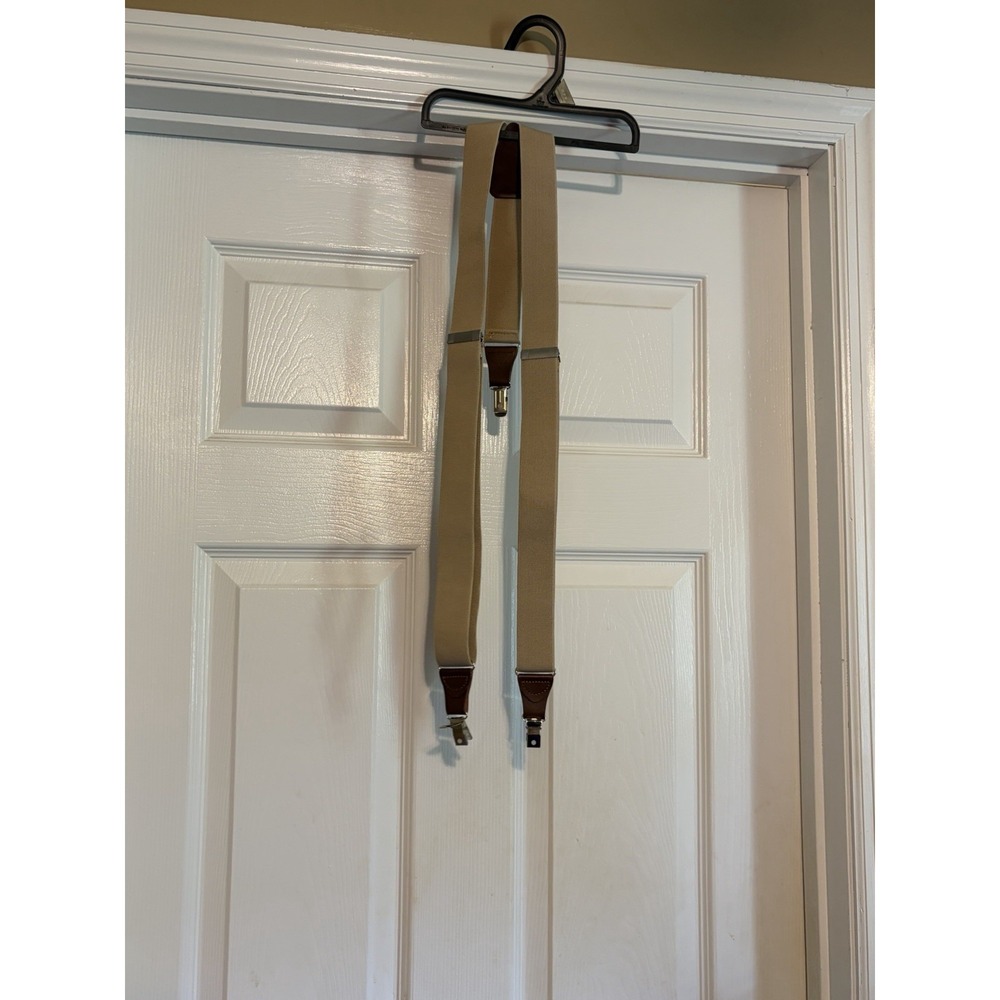 Tan Suspenders for Men with Y Back, Adjustable, Brown Leather tabs